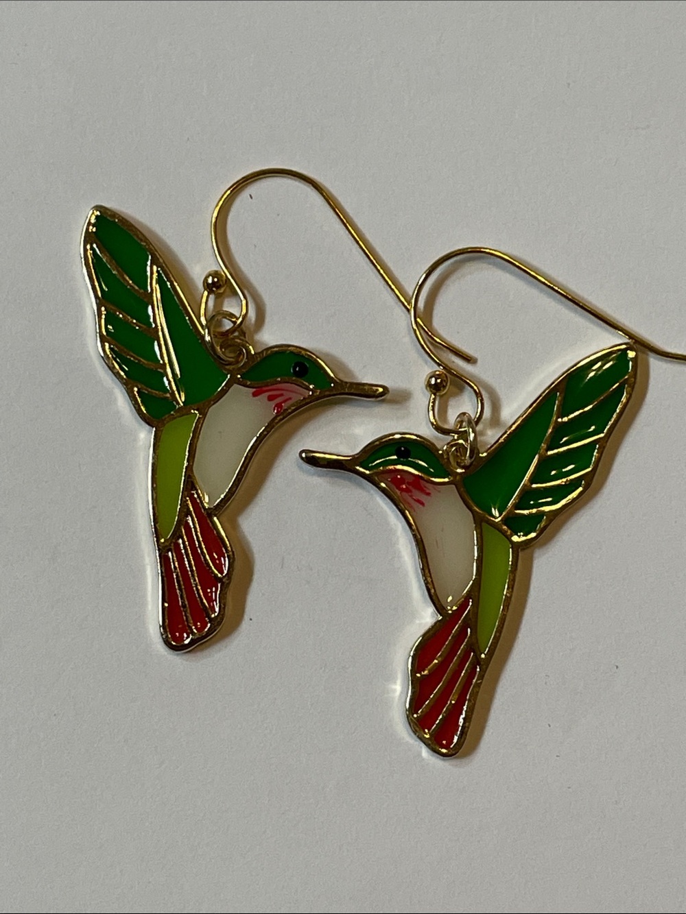 Green and Red Hummingbird Enamel Earrings